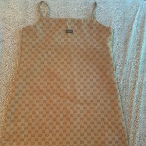 brown GUCCI dress with pattern and spaghetti strap